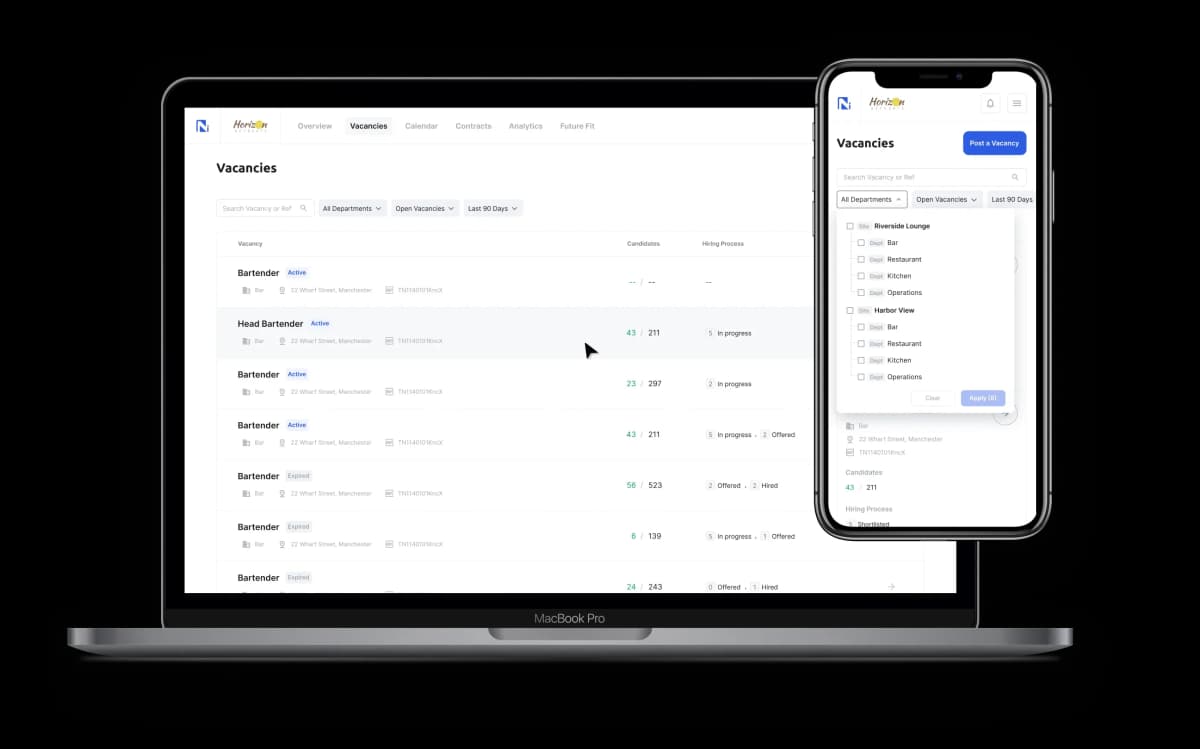 Dashboard screen designs of Nasiba ai vacancies page listing job adverts