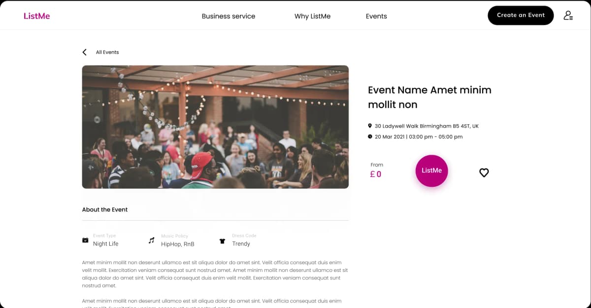 ListMe event page design on desktop