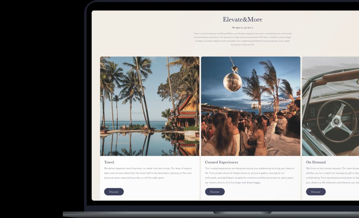 Elevate and more home page of website on a laptop display