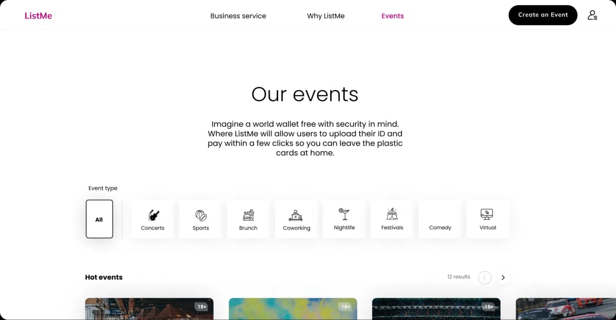 List me events page on desktop