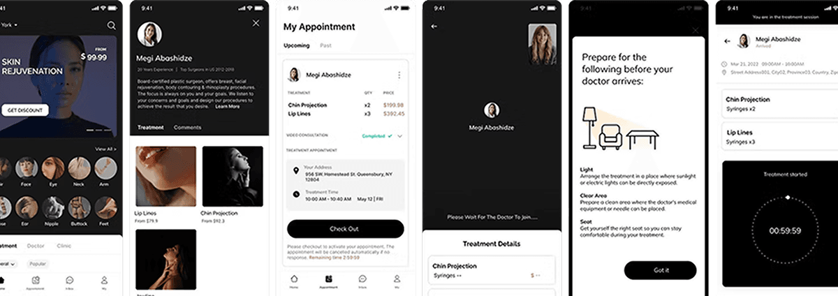 Mobile screens of aesthetik app